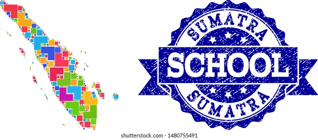 Mosaic puzzle map of Sumatra Island and rubber school seal with ribbon. Vector map of Sumatra Island constructed with colorful square and corner elements. Vector seal with corroded rubber texture,