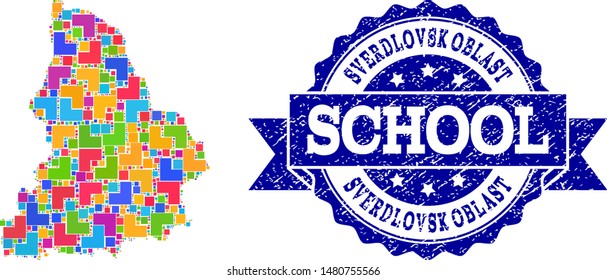 Mosaic puzzle map of Sverdlovsk Region and rubber school stamp with ribbon. Vector map of Sverdlovsk Region constructed with colorful square and corner blocks.