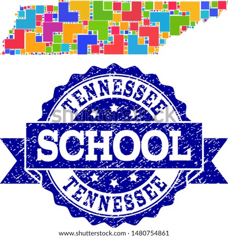 Mosaic puzzle map of Tennessee State and rubber school stamp with ribbon. Vector map of Tennessee State constructed with bright colored square and corner blocks.