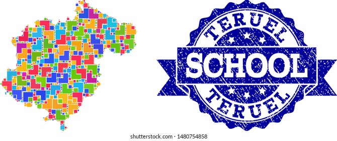 Mosaic puzzle map of Teruel Province and dirty school seal with ribbon. Vector map of Teruel Province constructed with bright colored square and corner blocks. Vector seal with grunge rubber texture,