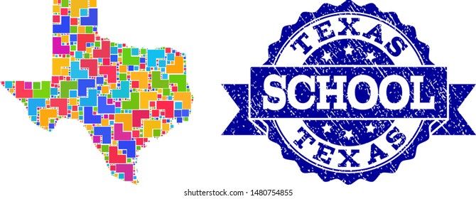 Mosaic puzzle map of Texas State and grunge school stamp with ribbon. Vector map of Texas State designed with bright colored square and corner elements. Vector seal with grunge rubber texture,