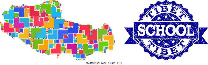 Mosaic puzzle map of Tibet and scratched school seal with ribbon. Vector map of Tibet designed with bright colored square and corner elements. Vector imprint with scratched rubber texture,