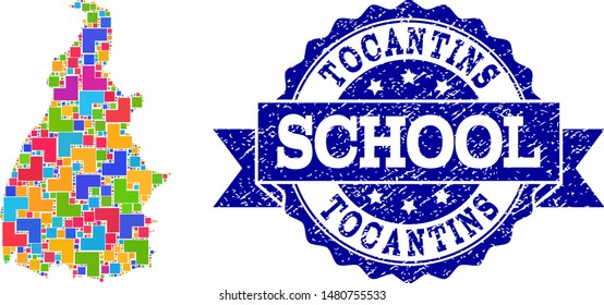 Mosaic puzzle map of Tocantins State and unclean school seal with ribbon. Vector map of Tocantins State designed with bright colored square and corner elements.