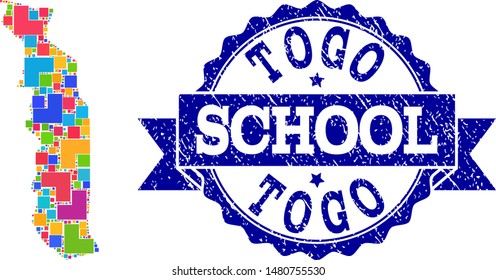 Mosaic puzzle map of Togo and rubber school seal with ribbon. Vector map of Togo constructed with bright colored square and corner blocks. Vector watermark with unclean rubber texture,