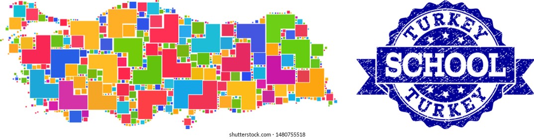 Mosaic puzzle map of Turkey and rubber school seal with ribbon. Vector map of Turkey constructed with bright colored square and corner elements. Vector seal with distress rubber texture,