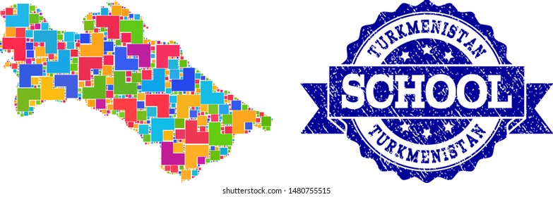 Mosaic puzzle map of Turkmenistan and corroded school seal with ribbon. Vector map of Turkmenistan designed with colorful square and corner elements. Vector seal with corroded rubber texture,