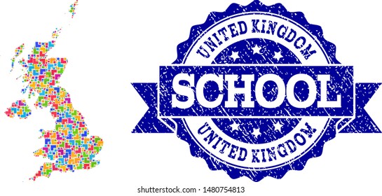 Mosaic puzzle map of United Kingdom and unclean school stamp with ribbon. Vector map of United Kingdom designed with colorful square and corner elements. Vector watermark with unclean rubber texture,