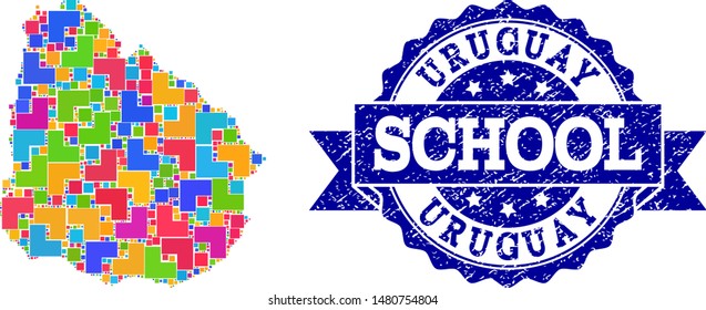 Mosaic puzzle map of Uruguay and rubber school seal with ribbon. Vector map of Uruguay constructed with colorful square and corner elements. Vector imprint with unclean rubber texture,