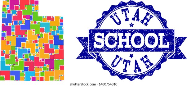 Mosaic puzzle map of Utah State and corroded school seal with ribbon. Vector map of Utah State designed with colorful square and corner elements. Vector seal with corroded rubber texture,