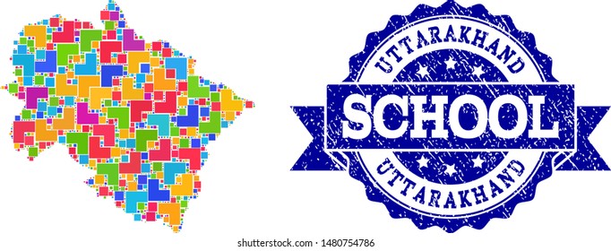 Mosaic puzzle map of Uttarakhand State and rubber school seal with ribbon. Vector map of Uttarakhand State constructed with colorful square and corner blocks. Vector seal with grunge rubber texture,