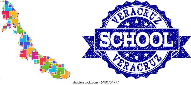 Mosaic puzzle map of Veracruz State and rubber school seal stamp with ribbon. Vector map of Veracruz State designed with colorful square and corner elements. Vector seal with distress rubber texture,