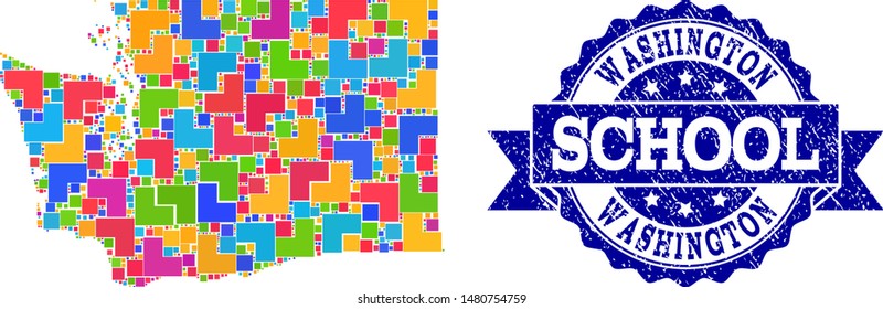Mosaic puzzle map of Washington State and grunge school seal with ribbon. Vector map of Washington State constructed with bright colored square and corner blocks.