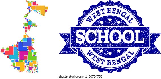 Mosaic puzzle map of West Bengal State and unclean school seal stamp with ribbon. Vector map of West Bengal State designed with bright colored square and corner blocks.