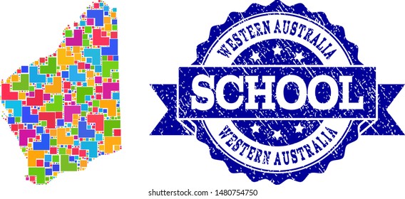 Mosaic puzzle map of Western Australia and grunge school seal with ribbon. Vector map of Western Australia designed with bright colored square and corner blocks.