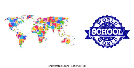 Mosaic puzzle map of world and rubber school seal with ribbon. Vector map of world designed with bright colored square and corner elements. Vector imprint with corroded rubber texture,