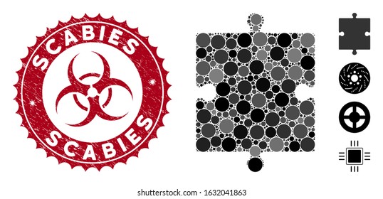 Mosaic puzzle part icon and corroded stamp seal with Scabies text and biohazard symbol. Mosaic vector is formed with puzzle part icon and with random round elements. Scabies stamp seal uses red color,