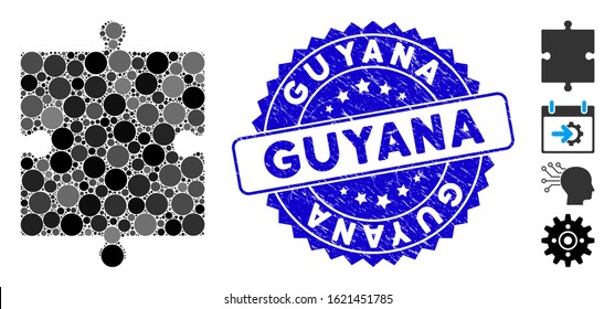 Mosaic puzzle part icon and grunge stamp seal with Guyana caption. Mosaic vector is designed with puzzle part icon and with random round spots. Guyana stamp seal uses blue color, and distress design.