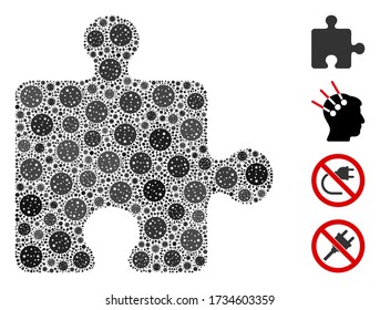 Mosaic puzzle plugin composed of covid-2019 virus icons in random sizes and color hues. Vector viral icons are united into abstract illustration puzzle plugin icon. Some bonus icons are added.