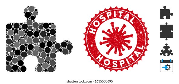 Mosaic puzzle plugin icon and red rounded grunge stamp seal with Hospital phrase and coronavirus symbol. Mosaic vector is formed with puzzle plugin pictogram and with randomized circle spots.