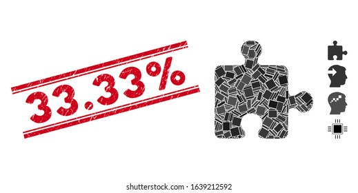 Mosaic puzzle plugin icon and red 33.33% stamp between double parallel lines. Flat vector puzzle plugin mosaic icon of randomized rotated rectangular elements. Red 33.