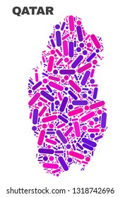 Mosaic Qatar map isolated on a white background. Vector geographic abstraction in pink and violet colors. Mosaic of Qatar map combined of random round dots and lines.