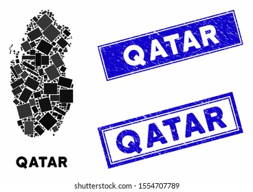 Mosaic Qatar map and rectangular seal stamps. Flat vector Qatar map mosaic of randomized rotated rectangular items. Blue caption stamps with scratched textures.