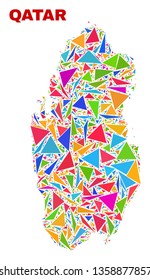 Mosaic Qatar map of triangles in bright colors isolated on a white background. Triangular collage in shape of Qatar map. Abstract design for patriotic decoration.