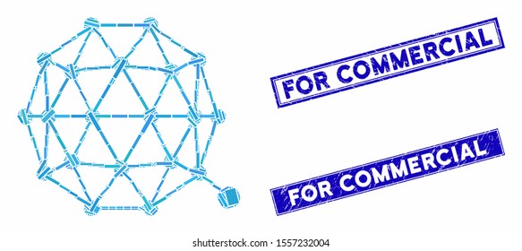 Mosaic qtum currency icon and rectangle seal stamps. Flat vector qtum currency mosaic icon of random rotated rectangle elements. Blue caption rubber seals with scratched textures.
