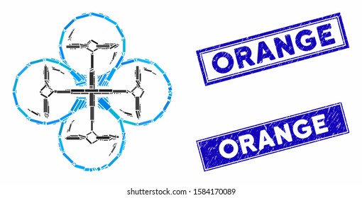 Mosaic quad copter pictogram and rectangle Orange rubber prints. Flat vector quad copter mosaic icon of randomized rotated rectangle elements. Blue Orange watermarks with rubber surface.