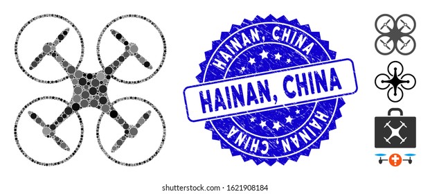 Mosaic quadcopter icon and grunge stamp watermark with Hainan, China text. Mosaic vector is formed from quadcopter icon and with scattered round elements. Hainan, China stamp uses blue color,