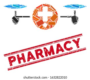 Mosaic quadcopter pharmacy icon and red Pharmacy seal stamp between double parallel lines. Flat vector quadcopter pharmacy mosaic icon of scattered rotated rectangular elements.