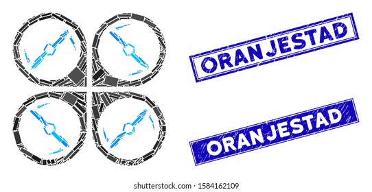 Mosaic quadcopter screws rotation icon and rectangle Oranjestad rubber prints. Flat vector quadcopter screws rotation mosaic pictogram of random rotated rectangle elements.
