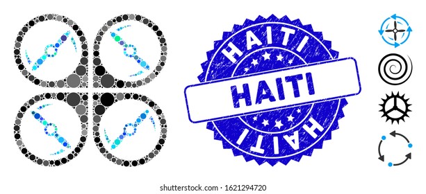 Mosaic quadcopter screws rotation icon and grunge stamp watermark with Haiti phrase. Mosaic vector is created with quadcopter screws rotation icon and with random circle elements.