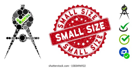 Mosaic quality confirmation icon and corroded stamp watermark with Small Size caption. Mosaic vector is created with quality confirmation icon and with scattered round items.