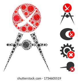 Fallo en el control de calidad del mosaico compuesto de íconos del virus de la gripe en diferentes tamaños y colores. Los iconos de patógenos vectoriales se componen en un icono de error de control de calidad de collage abstracto.