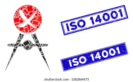 Mosaic quality control failed icon and rectangular ISO 14001 rubber prints. Flat vector quality control failed mosaic icon of random rotated rectangular items.