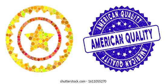 Mosaic quality stamp icon and rubber stamp watermark with American Quality text. Mosaic vector is formed with quality stamp icon and with scattered circle items. American Quality seal uses blue color,