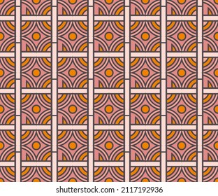 diseño de patrones sin fisuras del círculo de mosaico con combinación de pasta rosa multicolor y elementos de color naranja sobre fondo gris oscuro.