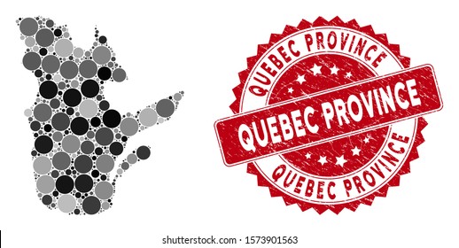 Mosaic Quebec Province map and circle watermark. Flat vector Quebec Province map mosaic of random circle elements. Red seal with dirty texture. Designed for political and patriotic projects.