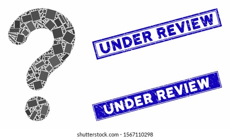 Mosaic question icon and rectangle watermarks. Flat vector question mosaic icon of randomized rotated rectangle elements. Blue caption rubber stamps with rubber texture.