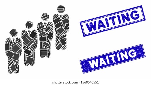 Mosaic queue icon and rectangle seal stamps. Flat vector queue mosaic icon of random rotated rectangular items. Blue caption seal stamps with scratched texture.