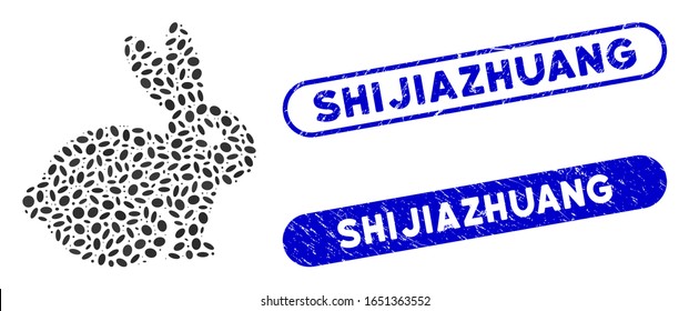 Mosaic rabbit and corroded stamp seals with Shijiazhuang caption. Mosaic vector rabbit is composed with random elliptic dots. Shijiazhuang stamp seals use blue color, and have rounded rectangle shape.