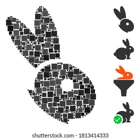 Mosaic Rabbit head icon organized from square items in various sizes and color hues. Vector square items are grouped into abstract composition rabbit head icon. Bonus icons are placed.
