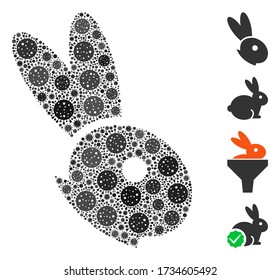 Mosaic rabbit head united from coronavirus icons in various sizes and color hues. Vector infection icons are united into abstract composition rabbit head icon. Some bonus icons are added.