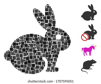 Mosaic Rabbit icon composed of square items in various sizes and color hues. Vector square items are composed into abstract mosaic rabbit icon. Bonus icons are added.
