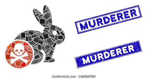 Mosaic rabbit toxin icon and rectangular Murderer watermarks. Flat vector rabbit toxin mosaic icon of randomized rotated rectangular elements. Blue Murderer watermarks with corroded texture.