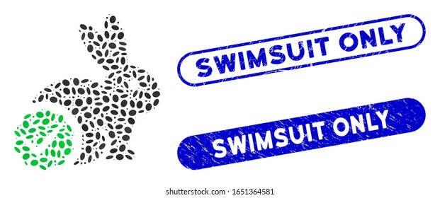 Mosaic for rabbits only and distressed stamp watermarks with Swimsuit Only phrase. Mosaic vector for rabbits only is designed with randomized ellipse dots. Swimsuit Only stamp seals use blue color,
