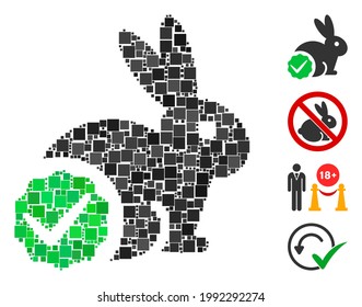 Mosaico Para conejos sólo icono construido a partir de elementos cuadrados en tamaños aleatorios y tonos de color. Los elementos cuadrados vectoriales se unen en mosaico abstracto para un icono de sólo conejos. Se añaden pictogramas bonificados.