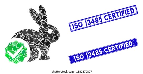 Mosaic for rabbits only icon and rectangle ISO 13485 Certified seal stamps. Flat vector for rabbits only mosaic pictogram of scattered rotated rectangle elements.
