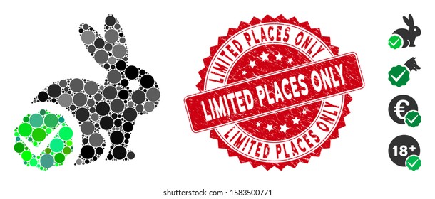 Mosaic for rabbits only icon and rubber stamp seal with Limited Places Only caption. Mosaic vector is composed with for rabbits only icon and with random round elements.